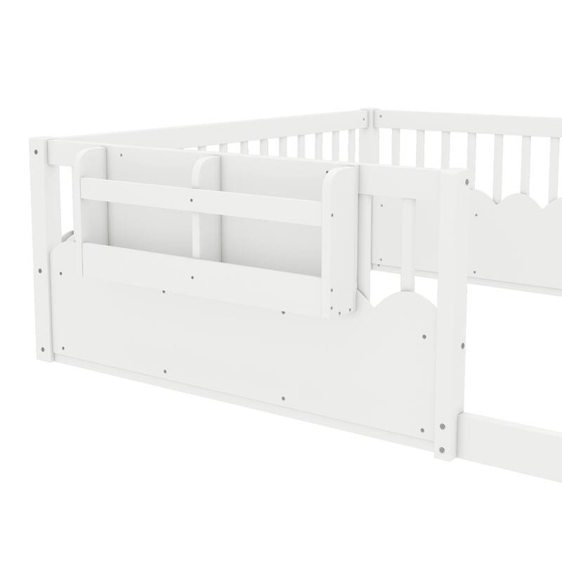 Queen Floor bed with Heightened Fence and bookshelf, Wood Floor Bed for Kids