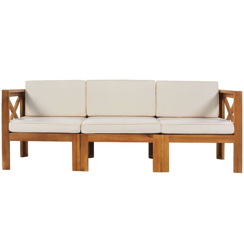 Beige Natural Acacia Wood Outdoor Sectional Sofa Set with Solid Table