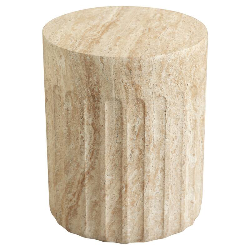 Zenvio Modern Cylindical Marble Side Table with Accent Painted Finish and Vertical Grooves for Living Room, Bedroom or Patio - Travertine