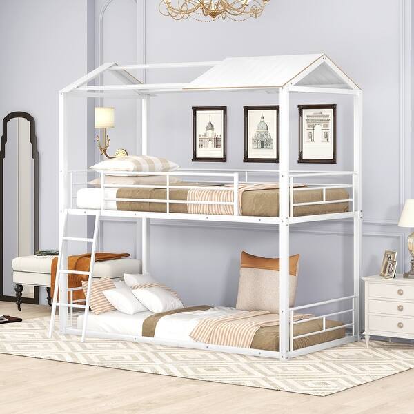 slide 2 of 9, Twin Over Twin Bunk Bed with Half Roof, Guardrail, and Ladder White