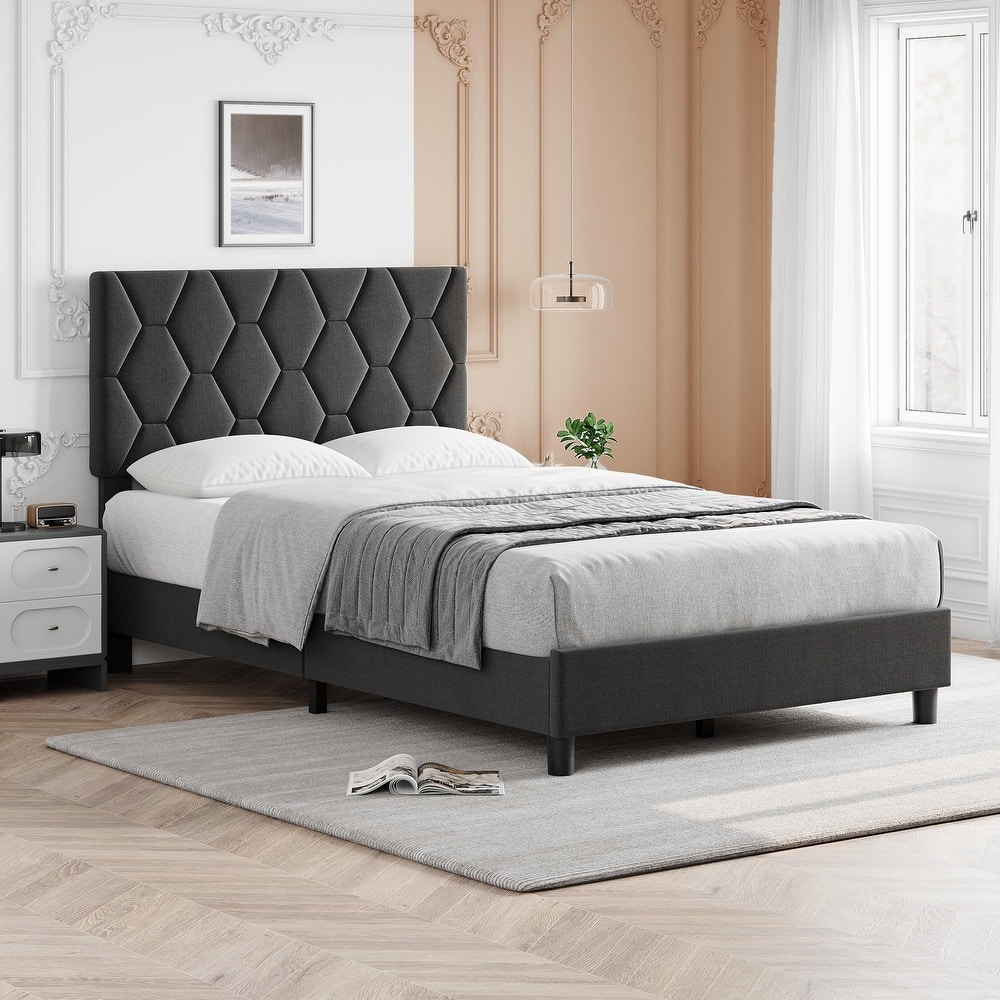 Diamond Upholstered Platform Bed Frame Wood Slat Support