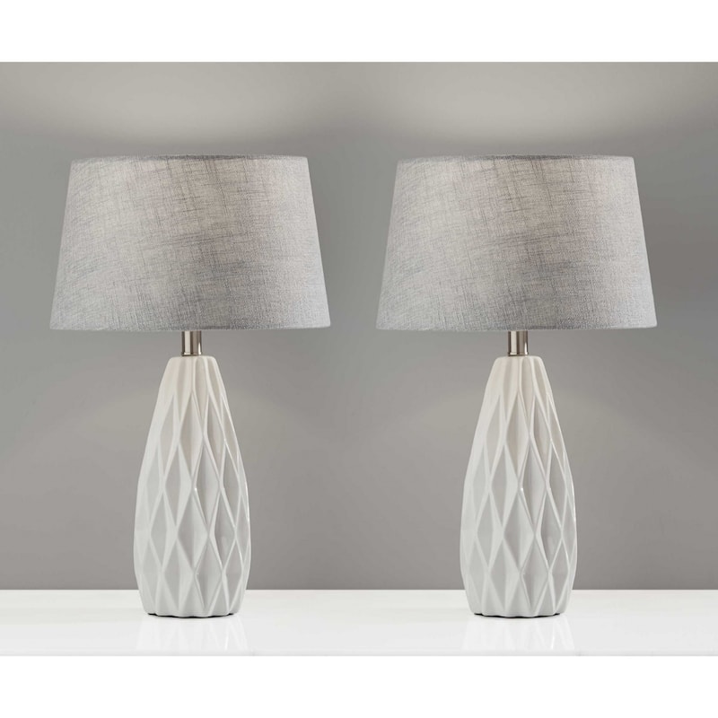 White Ceramic Base Bedside Table Lamps Set of 2 with Grey Fabric Drum Shades Rotary Switch - 13.75” x 13.75” x 22.5” (D x W x H)