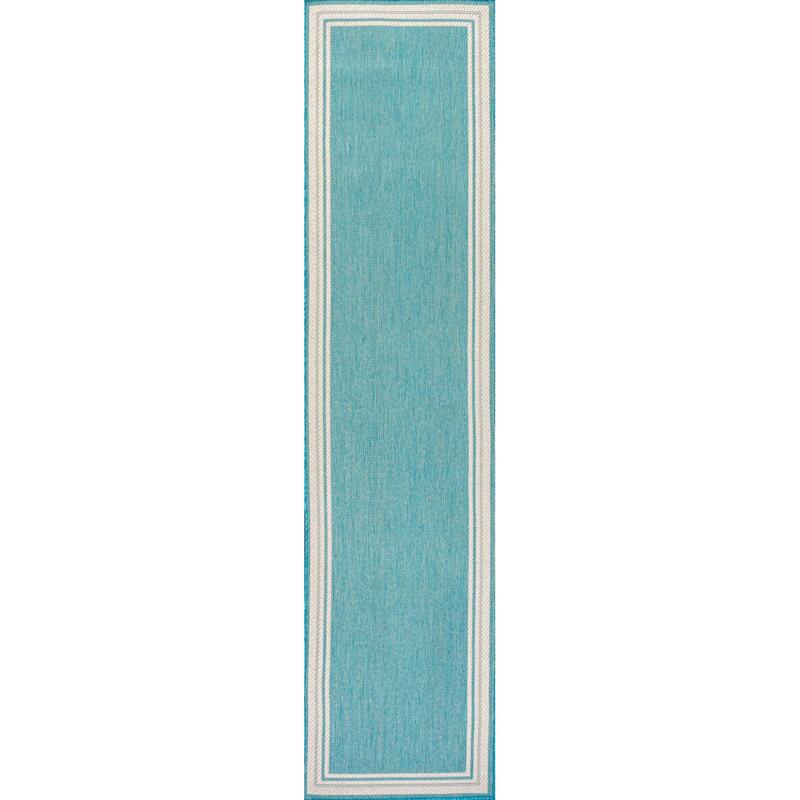 JONATHAN Y Haynes Modern Border Stripe Indoor/Outdoor Area Rug - 2 X 8 - Aqua/Beige