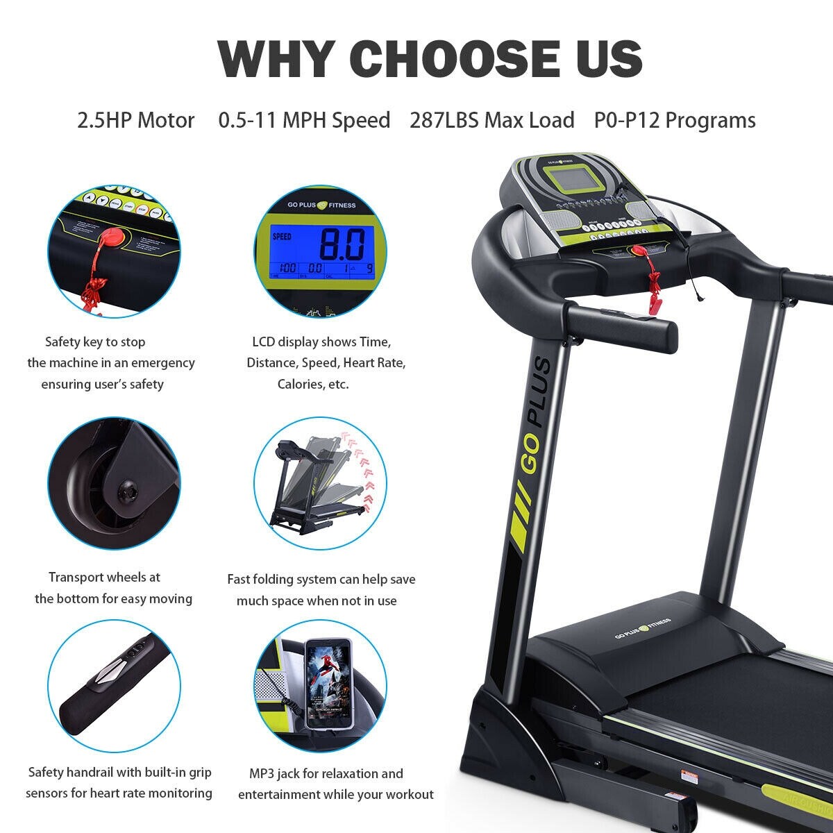 Goplus 2.5 hp folding treadmill electric support motorized power running fitness machine 2025