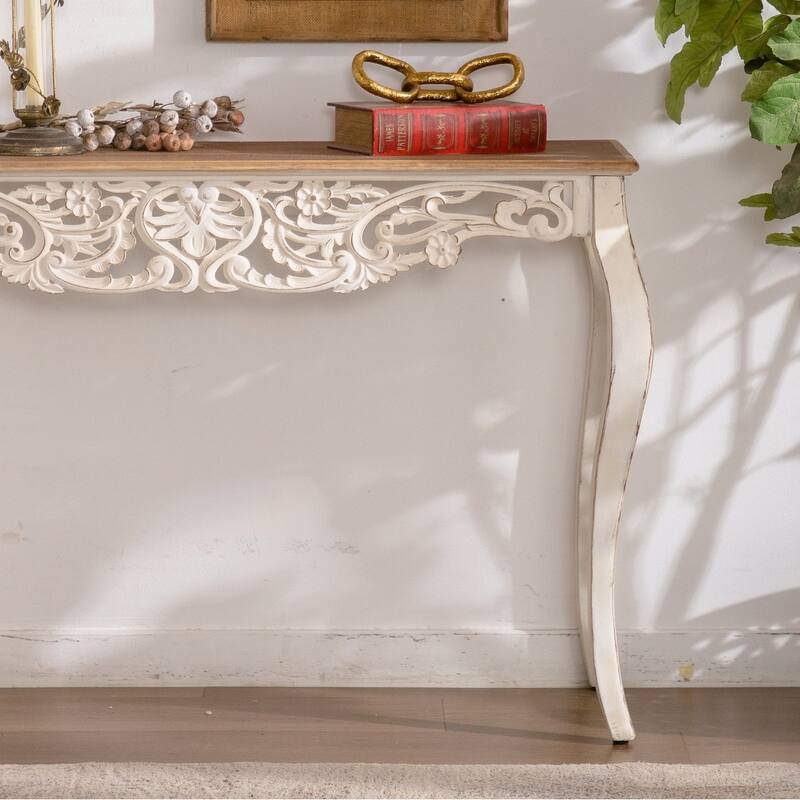Antique White Console Table with Carved Details, Distressed Console Table,Entry Table with Wood Carvings and Curved Legs