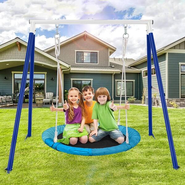slide 2 of 8, Metal Swing Stand With Saucer Outdoor Playground Metal Swing Set For Kids Outdoor Play Equipment Antique Blue