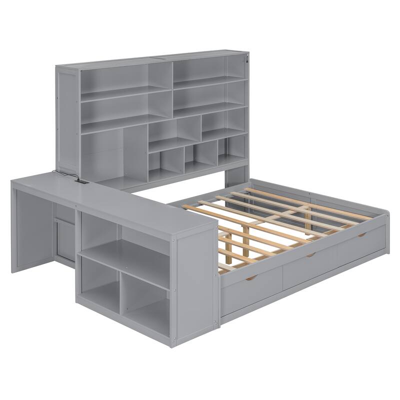 Full Size Wooden Daybed with Desk, Shelves, Drawers, and Lights in Gray