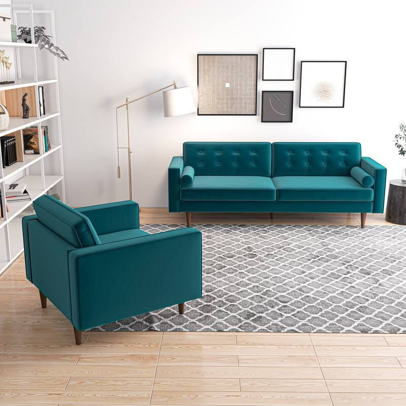 Kohan Mid Century Pillow Back Velvet Sofa and Lounge Chair Set