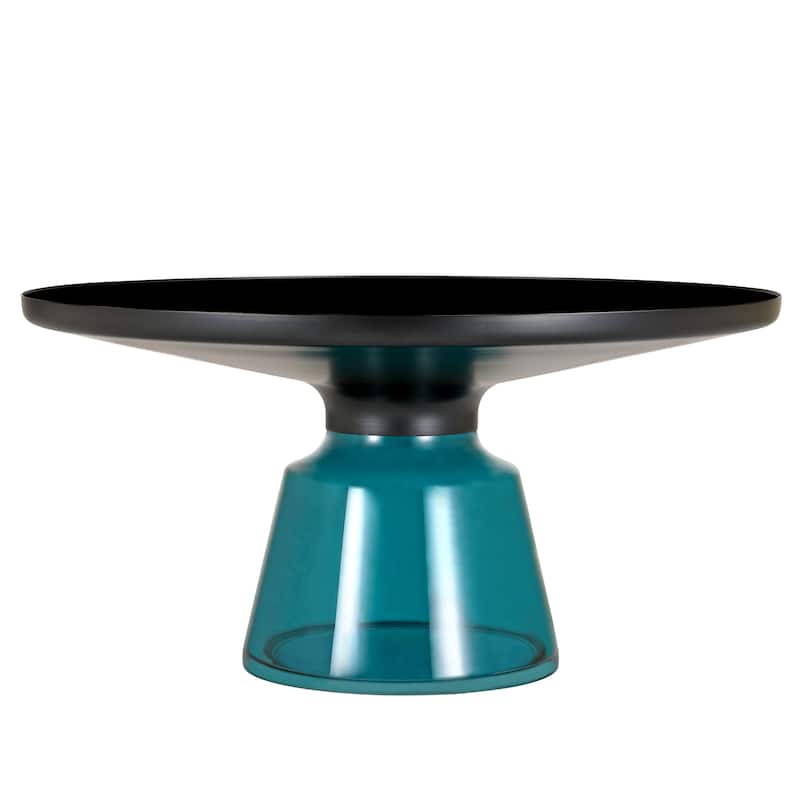 30-Inch Round Coffee Table Glass/Stone Tabletop with Black Iron Rim Frame Glass Pedestal Base