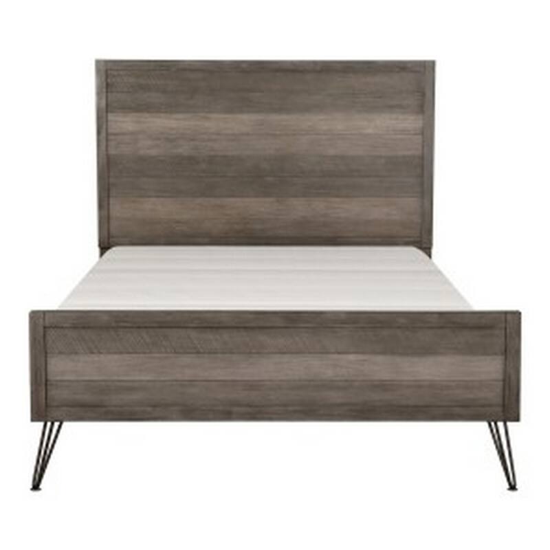 Modern Queen Bed, Panel Headboard and Footboard, Flared Metal Legs, Gray