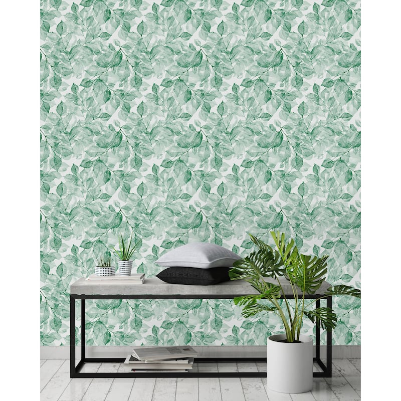 Green Watercolor Leaves Wallpaper - Bed Bath & Beyond - 32769696
