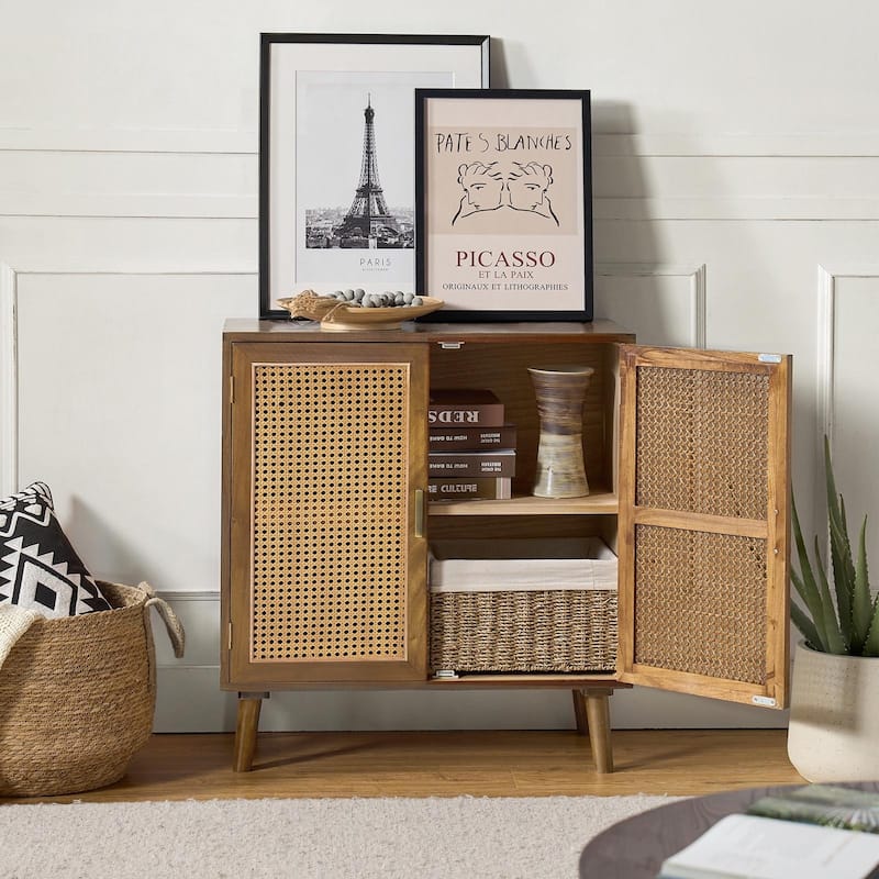 Woodland Multifunctional Rattan-Accented 2-Door Storage Stackable Buffet Cabinet with Solid and Wood Frame by HULALA HOME