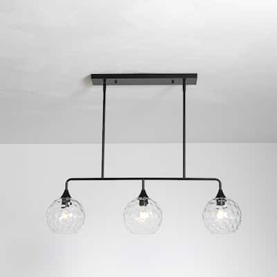 3-Light Modern Black/Brushed Gold Linear Chandelier for Kitchen Island with Clear Textured Glass Globe Shades