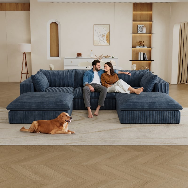 Modular Deep Seat Couch U-shaped Sectional Sofa with Chaise Lounge Corduroy Upholstered Sleeper Sofa Bed with Ottomans