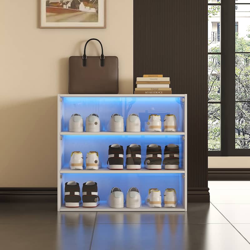 Shoe Box with LED Light, 3 Tiers Glass Door Shoe Cabinet, Shoe Organizer Storage Box Shoe Rack, Up to 9 Pairs of Shoes - White