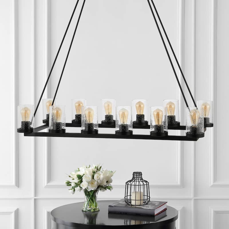 Jonah 45.5" 12-Light Seeded Glass/Iron Rustic Farmhouse Linear LED Chandelier, Oil Rubbed Bronze by JONATHAN Y - 12 Lights