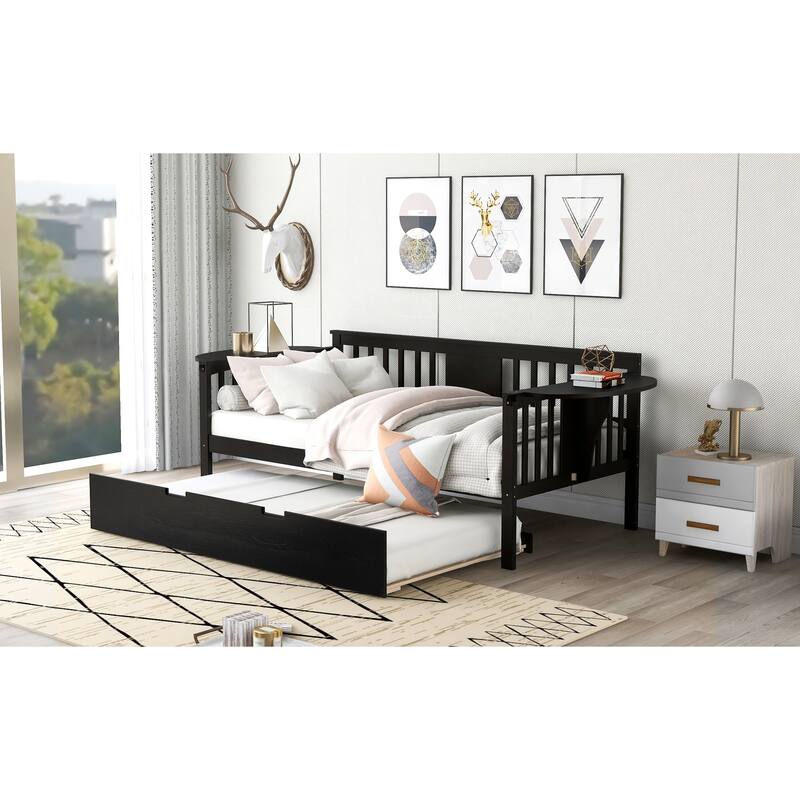 Pine Daybed with Trundle Bed and Small Side Tables, Multifunctional