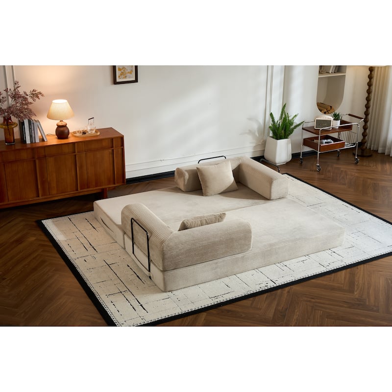 Convertible Sleeper Sofa Bed with Pillow, Corduroy Folding Mattress Couch with Fixed-Shape Frame, Floor Lounge Loveseat Sofa