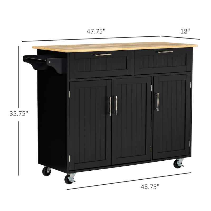 HOMCOM 48" Modern Kitchen Island Cart on Wheels with Storage Drawers, Rolling Utility Cart with Adjustable Shelves, Cabinets