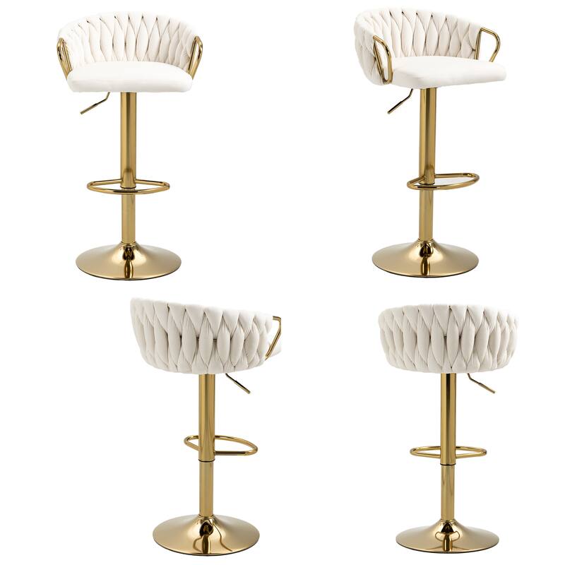 Set of 4 Bar Stool Adjustable Height Swivel Velvet Woven