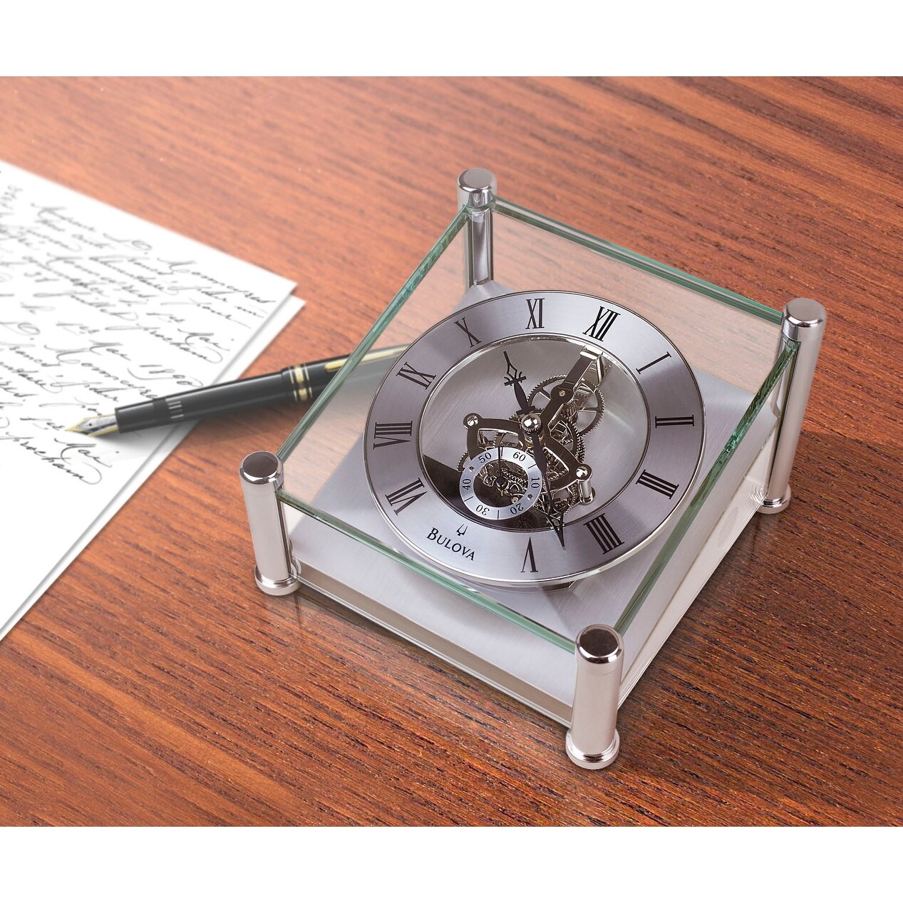 Shop Bulova Quantum Glass Skeleton Desk Clock Free Shipping