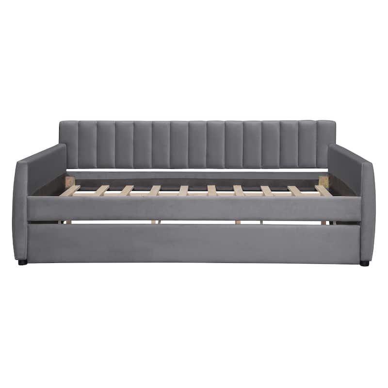 Full Size Upholstered Daybed with Trundle and Wood Slat Support