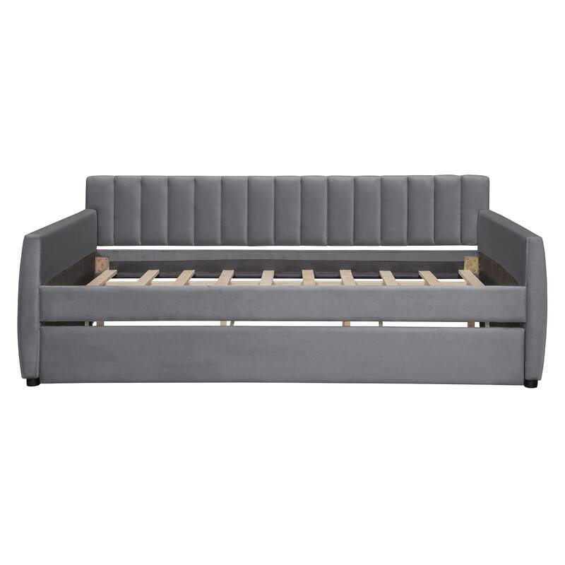 Full Size Upholstered daybed with Trundle and Wood Slat Support, Gray