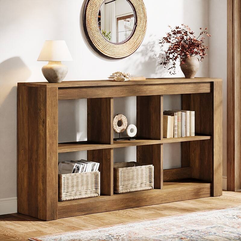 55-Inch Farmhouse Console Table with Storage, Narrow Long Sofa Table Behind the Couch - 55.12" L x 13.77" W x 33.46" H - Rustic Brown
