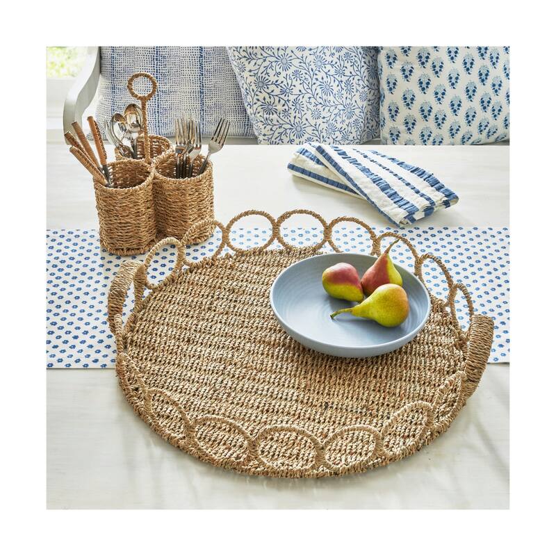 Natural Seagrass Link Round Serving Decorative Tray with Handles, 21 inch