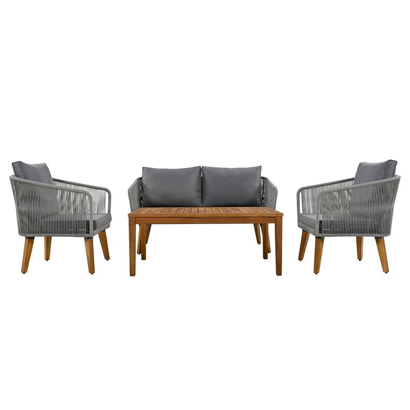 4-Piece Patio Conversation Set with Cushions and Solid Wood Loveseat