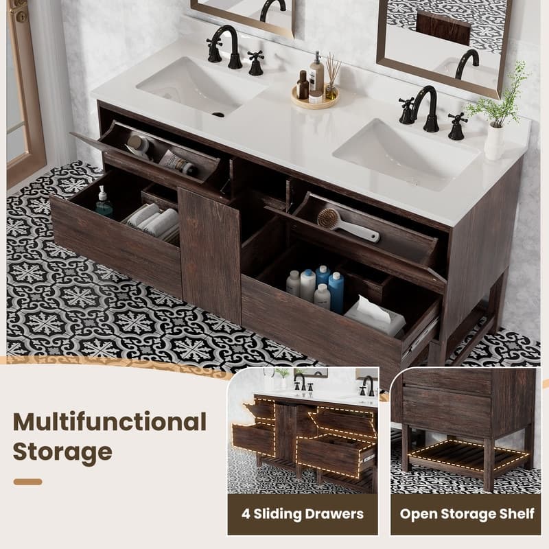 60-Inch Antique Style Solid Wood and MDF Double Sink Bathroom Vanity with Storage