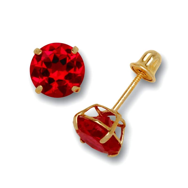 14K Yellow Gold 6mm Round Cubic Zircornia Birthstone Basket-Set Solitaire Screw-back Stud Earrings (12 colors) - Ruby