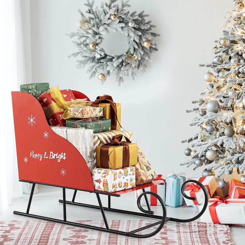 Costway Metal Christmas Santa Sleigh Basket Festive Decorative Sleigh - as pic shows - See Details