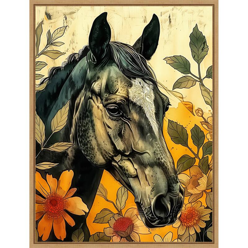 Dark Horse in Flowers by Justyna Jaszke Framed Canvas Wall Art