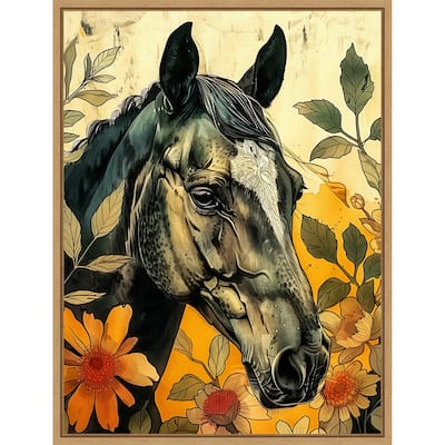 Dark Horse in Flowers by Justyna Jaszke Framed Canvas Wall Art
