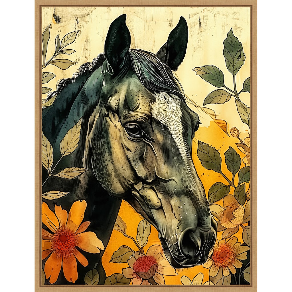 Dark Horse in Flowers by Justyna Jaszke Framed Canvas Wall Art