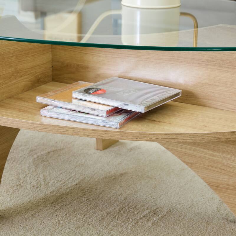 GDFStudio Elowen Tempered Glass Coffee Table with Wood Legs and Multi-Functional Design