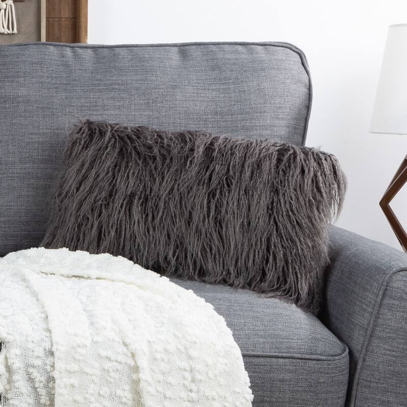 12x20 Inch Plush Lumbar Pillow - Luxury Accent Pillow Insert and Shag Glam Cover Set by Hastings Home - Grey