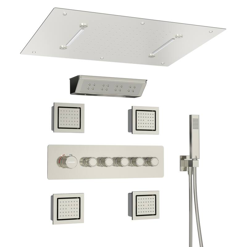 5-Spray Thermostatic Shower System, Luxury Anti-Scald 16 in. Fixed and Handheld Shower Head with Body Jets, Valve Included - Polished Nickel - 16" x 24"