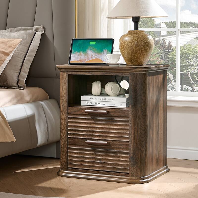 22" Fluted Night Stand with Charging Station, End Table with 2 Drawers & Open Storage, Side Tables Curved Profile Design - Walnut