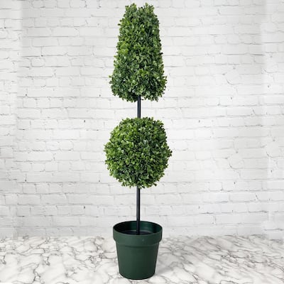 Artificial Boxwood Leave Double Ball Shaped Topiary Plant Tree in Plastic Pot - N/A