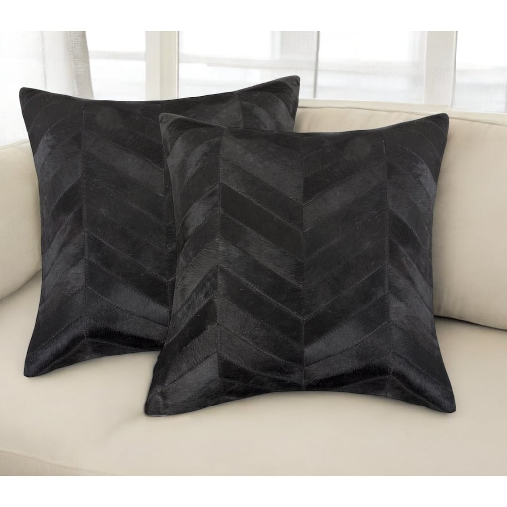 Set of Two 18" Black Chevron Cowhide Throw Pillows