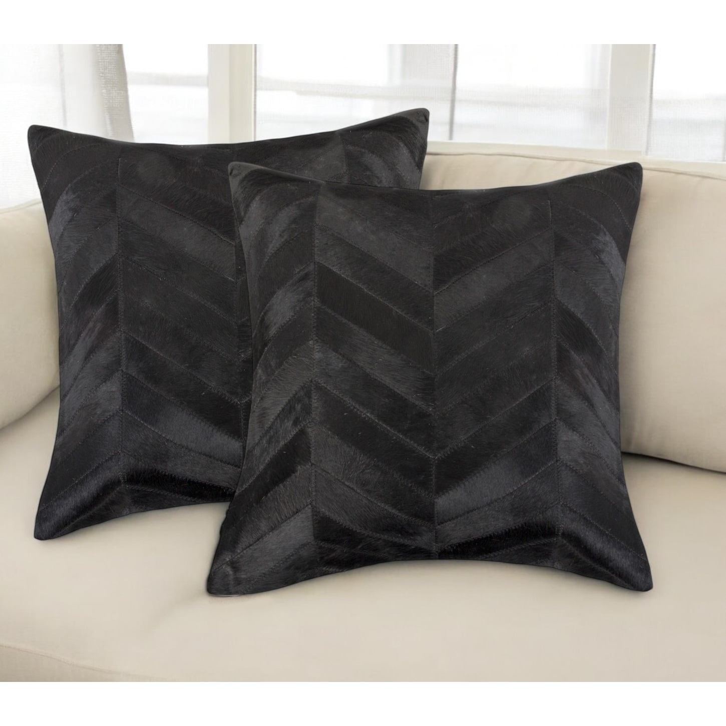 Set of Two 18" Black Chevron Cowhide Throw Pillows