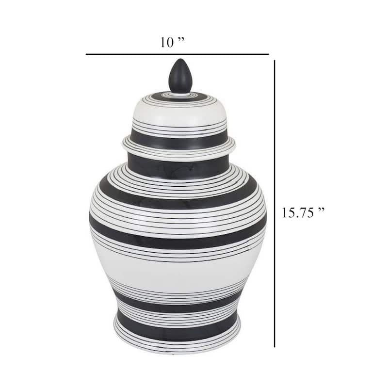 Decorative Jar w Lid, Minimalist Contrast, White Blue Lines, 16 Inch