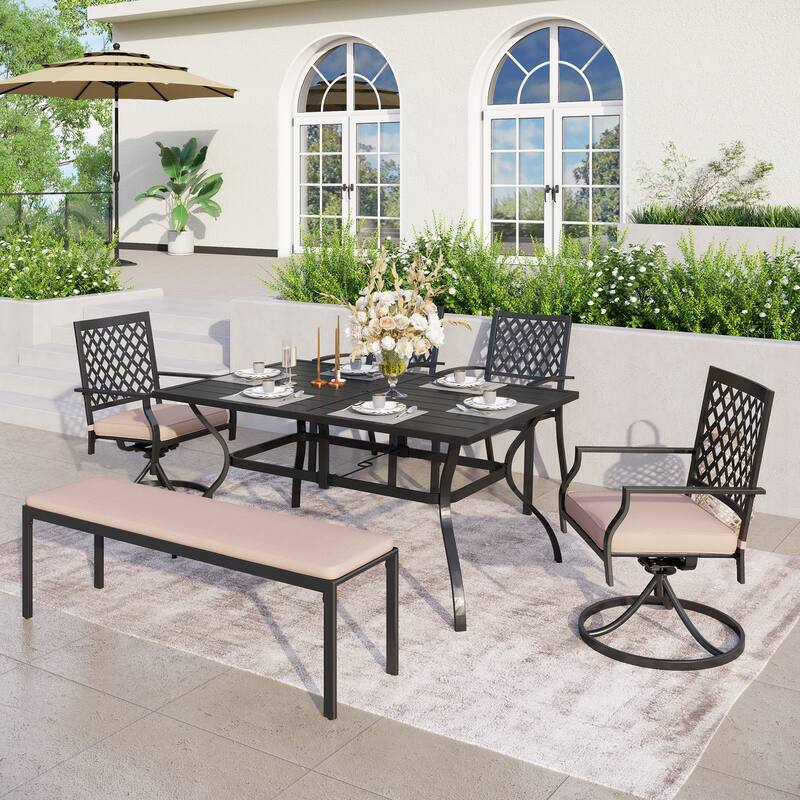 MAISON ARTS 6-Piece Patio Dining set with 1 Rectangle Steel Table, 2 Swivel Chairs, 2 Stackable Chairs and 1 Bench