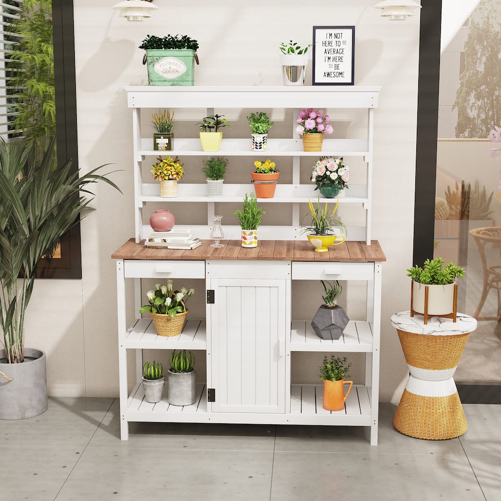 66" Large Outdoor Wooden Potting Bench Table with 2 Drawers, Cabinet and Open Shelves