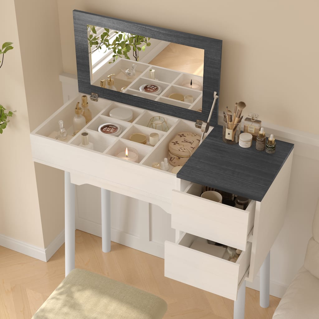 Anmytek Vanity Desk with Flip Top Mirror and Stool Makeup Table and Workspace 2 in 1