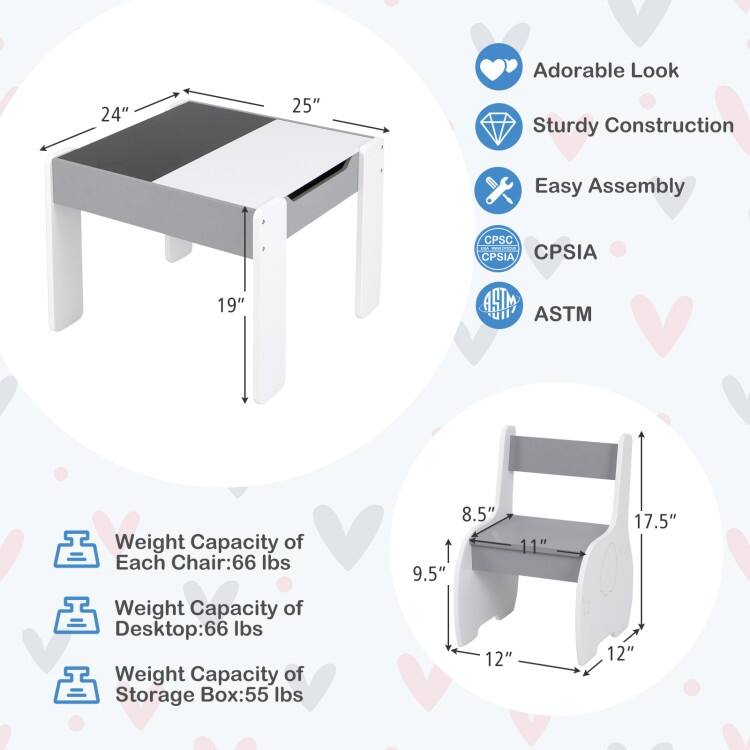 4-in-1 Wooden Activity Kids Table and Chairs with Storage and Detachable Blackboard - 25" x 24" x 19"