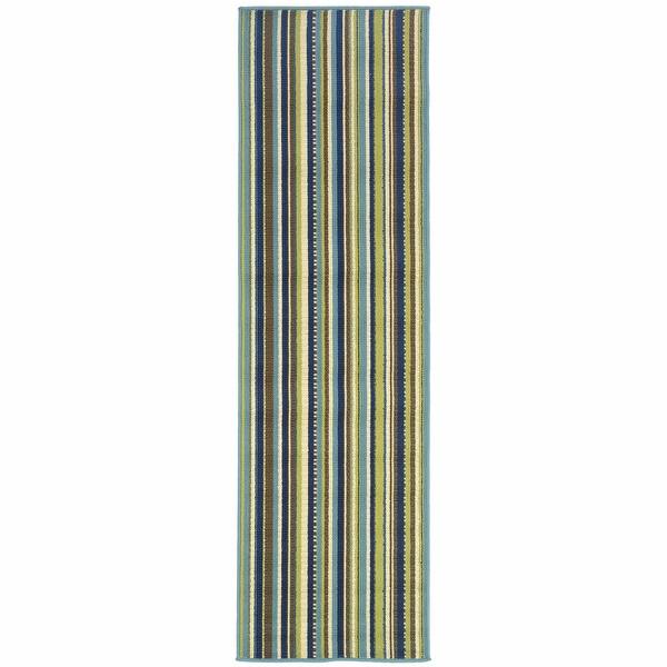 2' X 8' Blue Striped Stain Resistant Indoor Outdoor Area Rug 6' x 7