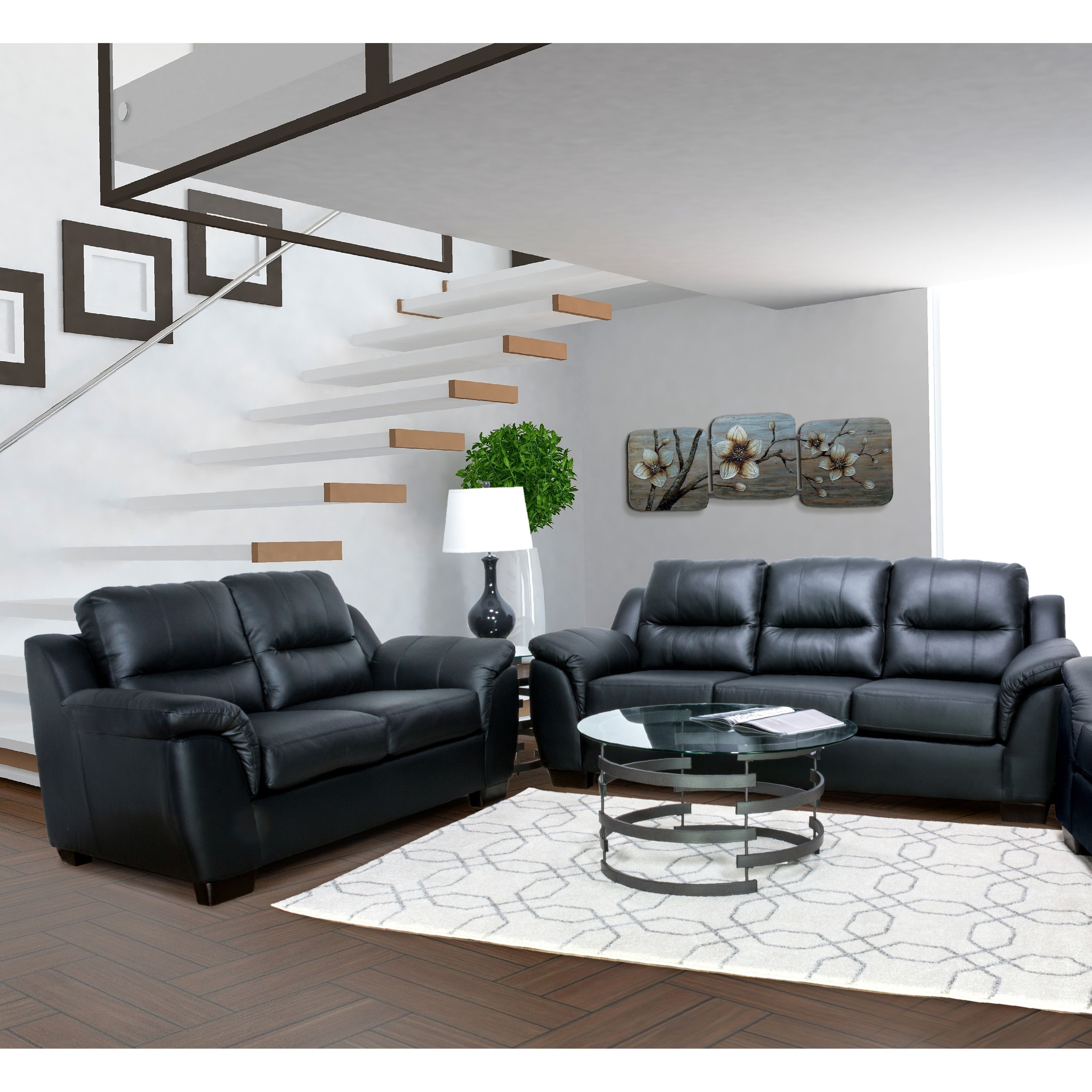 Black genuine leather on sale sofa set